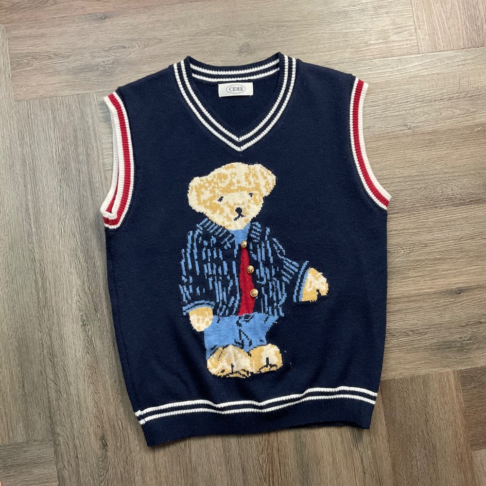 Cider 100% Wool Bear Graphic V Neck Sweater‎ Vest Womens One Size Navy Blue